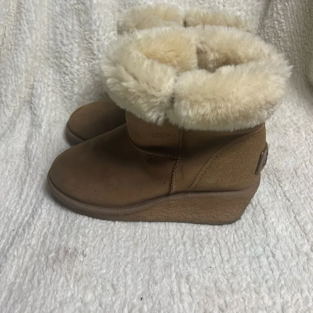 Kookaburra leather suede Tan Fur-Lined Ankle wedge slip on Boots SZ9